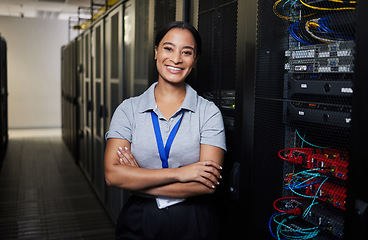 Image showing Server room, portrait or happy woman technician for online cybersecurity update or machine system. IT support data center, smile or proud engineer fixing network for information technology solution