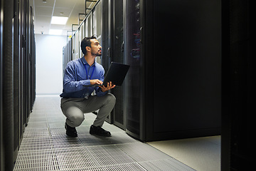 Image showing Server room, laptop or man typing for cybersecurity glitch, machine or to search online on servers system. IT support, data center or male engineer fixing network for information technology solution