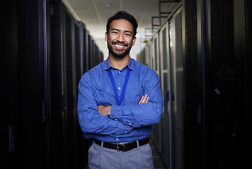 Image showing Server room, portrait or happy man for online cybersecurity glitch, machine or servers system. IT support, smile or proud engineer fixing network for information technology solution in data center