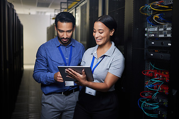 Image showing People, manager and tablet for server room, cybersecurity, engineering, programming or coding solution. Business man and woman in data center, digital technology and hardware or software teamwork