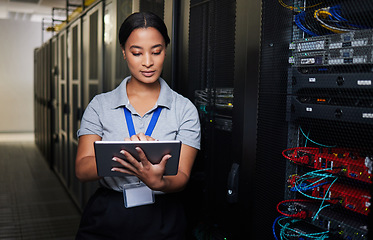 Image showing Woman, tablet and server room in inspection, programming and coding with system solution and cybersecurity. Engineering person on digital tech, hardware maintenance or business network in data center