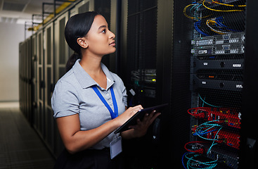 Image showing Woman, engineering tablet and server room, data center inspection or system solution for cybersecurity coding. IT person on digital technology, cables check and business power or programming hardware