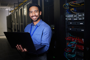 Image showing Man, data center and computer in programming portrait, server room coding and programming or cybersecurity. Business person on laptop and engineering network, gdpr software and backup or maintenance