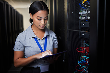 Image showing Woman, tablet and server room, programming or coding for cybersecurity, information technology or data protection backup. Engineering person on digital software, hardware inspection or basement check