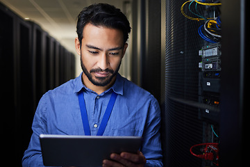 Image showing Tablet, man and engineer in server room on research for programming at night. Information technology, inspection and technician in data center reading, network maintenance or typing code for software