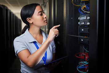 Image showing Woman, technology and inspection of server room, engineering cables and power solution or hardware problem solving. Technician on tablet, cybersecurity check and data center programming in basement