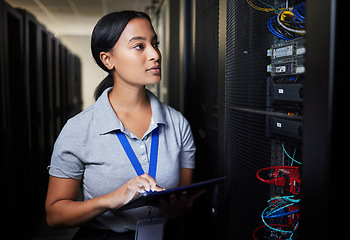 Image showing Woman, tablet and thinking in server room, programming solution or coding ideas for cybersecurity or data center backup. Engineering person on digital software, hardware inspection and basement check