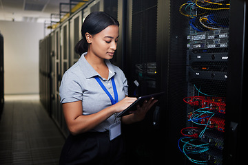 Image showing Woman, tablet and data center in inspection, programming and coding of power solution, cables check or cybersecurity. Engineering person on digital tech, hardware and software network in server room