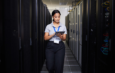 Image showing Woman, tablet and engineer in server room on research for programming at night. Information technology, inspection and technician in data center reading, network maintenance or typing software code