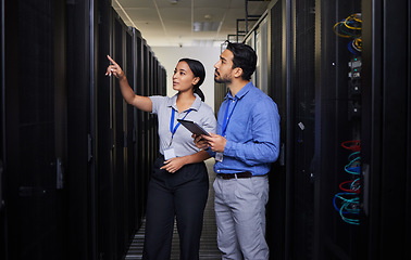 Image showing People, server room and engineering teamwork, inspection and tablet for cybersecurity, power or coding solution. Electrician man and woman or manager show or check data center with digital technology