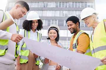 Image showing Team, architecture and blueprint, diversity and construction with maintenance, contractor and planning. Engineering, check floor plan and property development, city infrastructure and collaboration