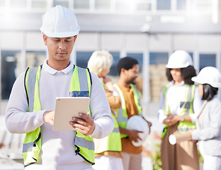 Image showing Man, architecture and tablet, inspection at construction site with maintenance, contractor and quality control. Engineering, check digital floor plan and tech, urban infrastructure and renovation