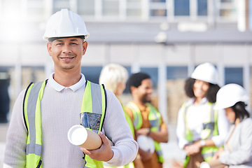 Image showing Man, engineering portrait and city with tools for construction, project management or outdoor blueprint design. Happy face of architecture person, contractor or manager, urban building and leadership