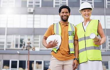 Image showing Portrait of man, woman and civil engineering at construction site for property development, maintenance and project management. Happy team, architecture and industrial planning for building in city