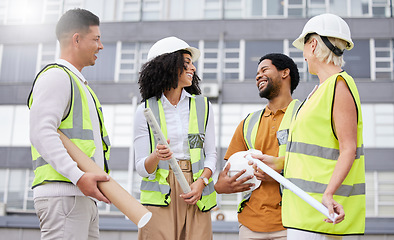 Image showing Construction worker, happy people and engineering, architecture or planning project in city or urban development. Contractor, builder or industrial designer laugh in group collaboration for building