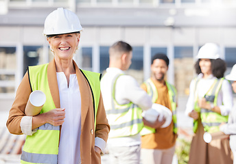 Image showing Senior woman, architect and blueprint, inspection at construction site with maintenance, contractor and smile in portrait. Leadership, floor plan and engineering, urban infrastructure and renovation