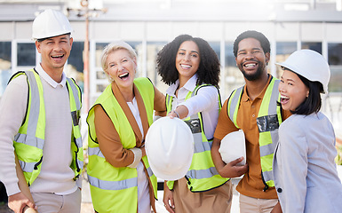 Image showing Team, architecture and helmet, diversity and construction with maintenance, contractor and happiness. Engineering, working together and property development, urban infrastructure and collaboration