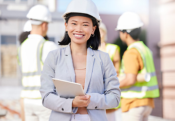 Image showing Woman, architect and tablet, inspection at construction site with maintenance, contractor and smile in portrait. Asian engineer, check digital floor plan and tech, urban infrastructure and renovation