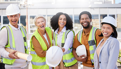 Image showing Team, architecture and helmet, happiness and construction with maintenance, people outdoor and diversity in portrait. Engineering, property development with urban infrastructure and collaboration