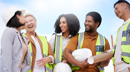 Image showing Architecture team, happy people and construction, engineering or planning project of outdoor development. Building contractor, industrial designer and funny discussion in group diversity and planning