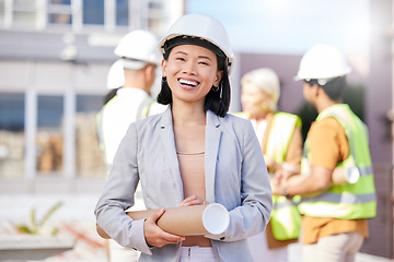 Image showing Woman, engineering portrait and construction site, project management or outdoor building design. Happy asian person or architecture manager with urban development, property renovation and leadership