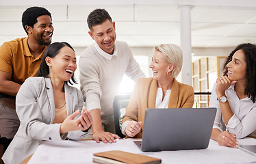 Image showing Business people, teamwork and happy on laptop for marketing meme, collaboration or funny presentation in meeting. Professional manager and group of men and women on computer with team website design