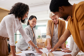 Image showing Business people, architecture teamwork and planning blueprint, design and collaboration meeting in office. Happy group of designer, men and women for ideas, floor plan solution or project development