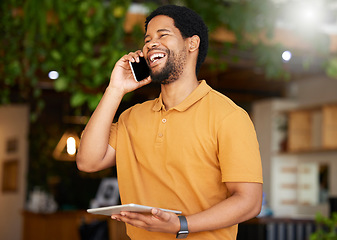 Image showing Business owner, phone call and tablet for restaurant communication, e commerce management, stock or sales. Happy african person or entrepreneur talking on mobile and digital tech for cafe networking