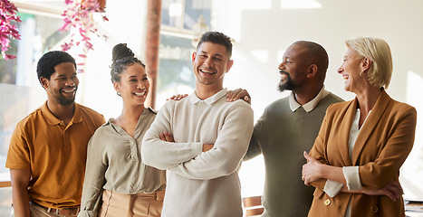 Image showing Portrait, support and arms crossed with a business team in the office for leadership, unity or solidarity. Collaboration, smile and diversity with a happy employee group in the workplace for success