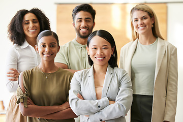 Image showing Portrait, teamwork and diversity of happy business people in office for collaboration, solidarity or global company management. Group, smile and arms crossed for support, pride or professional agency