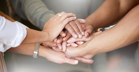 Image showing Office, teamwork and hands together in huddle for team building, collaboration and motivation at startup company. Work, goals and diversity, employees in business with growth, development and support