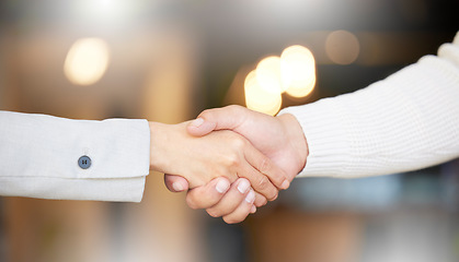 Image showing Business people, shaking hands and job interview, Human Resources meeting or welcome to partnership or opportunity. Professional clients handshake for recruitment, HR hiring and introduction in bokeh