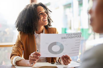 Image showing Happy, meeting and a woman with data for finance of a company, team planning and growth. Smile, thinking and a female accountant or employee with a graph for money management of an agency at work