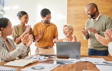 Image showing Business people, team applause and success on laptop for marketing sales, news and congratulations in meeting. Happy, wow and excited manager and employees clapping, thank you or support on computer