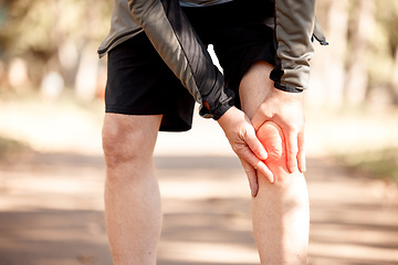 Image showing Runner, hands and knee pain in park, injury or outdoor for fitness, training or muscle emergency. Person, legs accident and exercise for osteoporosis, red overlay or arthritis in nature for workout