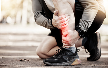 Image showing Joint pain, legs and running, fitness and red overlay, injury with person outdoor, sneakers and stress fracture. Inflammation, fibromyalgia and health, runner and muscle tension, glow and exercise