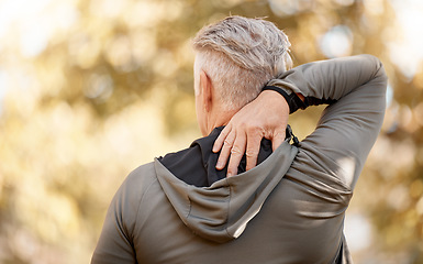 Image showing Back pain, fitness and man in exercise injury, sports risk or muscle massage, outdoor or nature. Stretching, spine and senior person stress, tired and training, cardio or workout accident in forest