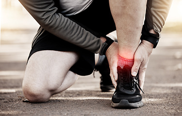 Image showing Runner, hands and ankle pain in park, injury or outdoor for fitness, training or muscle emergency. Person, legs accident and exercise with stress, red glow overlay or arthritis in nature for workout