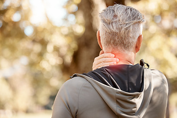 Image showing Man with neck pain, injury with fitness and red overlay, back and outdoor with mockup space and stress fracture. Inflammation, fibromyalgia and health, spine and muscle tension with glow and exercise