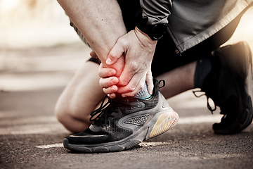 Image showing Ankle pain, feet and running, fitness and red overlay, injury with person outdoor, sneakers and stress fracture. Inflammation, fibromyalgia and health, runner and muscle tension, glow and exercise