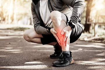 Image showing Runner, hands and legs with pain, park or injury outdoor for fitness, training or muscle emergency. Person, shin accident and exercise with red glow overlay, stress or arthritis in nature for workout