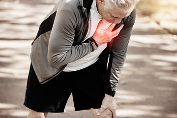 Image showing Chest pain, heart attack and running, fitness and red overlay, injury with person outdoor, cardio and stress. Indigestion, cardiovascular and health, runner and pressure with glow and exercise