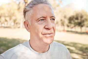 Image showing Senior man in park, breathing and exercise for fitness in nature, retirement and health with outdoor training. Relax in garden, workout and energy, elderly person with morning motivation for wellness