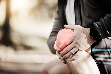 Image showing Runner, hands and outdoor with knee pain, park and injury for fitness, training and muscle emergency. Person, legs accident and exercise for stress, red overlay and arthritis in nature for workout