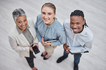 Image showing Above, team and portrait of working in office with confident employees in management together in accounting workplace. Business people, collaboration and group smile for planning with accountant