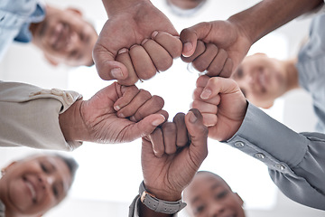 Image showing Hands fist bump, group circle and team celebrate community cooperation, mission success or happy corporate achievement. Below view, goals and staff commitment, solidarity and society teamwork support