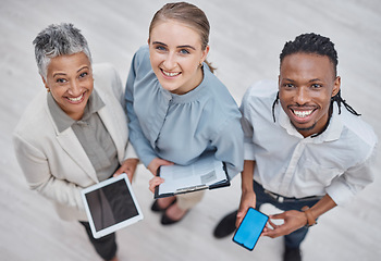 Image showing Business people, team portrait and tablet, phone screen and documents, collaboration or planning in Human Resources. Professional employees, HR manager and digital tech, agency mockup and smile above