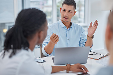 Image showing Business people, manager planning and meeting for collaboration, project ideas and marketing agenda on laptop. Feedback, advice and support of boss, employees or b2b agency with computer information