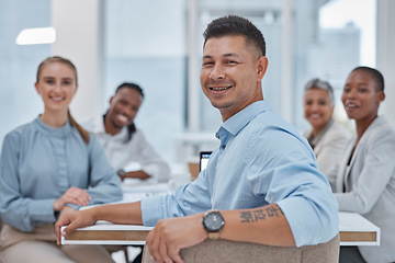 Image showing Portrait, man and business people in a meeting, planning and brainstorming with a project, company development and conversation. Staff, group and leader with discussion, collaboration and teamwork