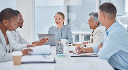 Image showing Business people, meeting and planning, collaboration or teamwork for online project, happy discussion and marketing. Group of women and men in diversity, agency agenda and brainstorming on computer